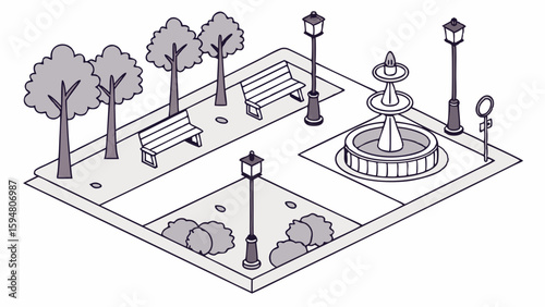 Detailed Isometric Grayscale Public Park Illustration featuring a Fountain, Trees, Benches, Lampposts, and Paved Paths. Urban Green Space Vector Art.