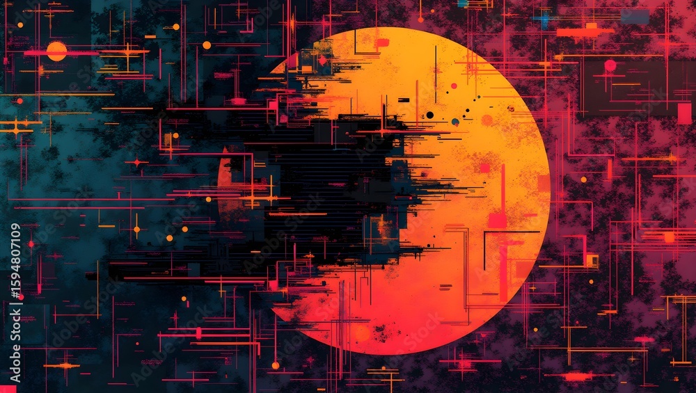 Obraz premium Abstract Digital Art, Glowing Orb and Intersecting Lines in Neon Hues