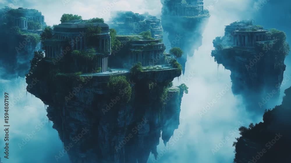 Majestic floating islands ascend from swirling clouds, with remnants of ancient structures adorned with lush greenery.