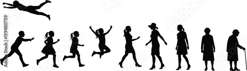 Human life stages silhouette, childhood to old age, girl growing woman, female evolution, age progression, timeline concept, aging process art