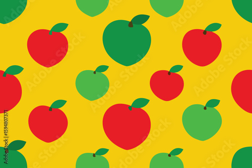 Red and Green Apples Seamless Pattern on Sunny Yellow Background Illustration Design