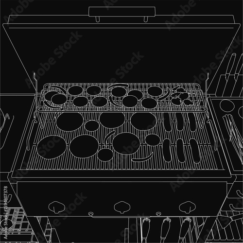 A black and white contour drawing of a gas grill features various food items cooking on the grate, set against a dark background. The detailed illustration highlights the grill's structure.