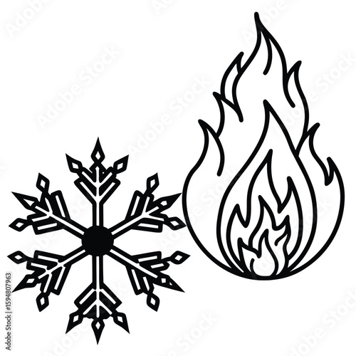 Vector art of a snowflake next to a flame
