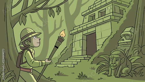 Green cartoon illustration of an intrepid adventurer with a torch exploring a mysterious jungle temple and ancient stone ruins during an expedition.