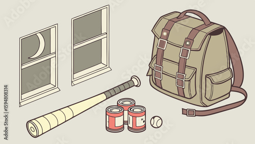 Post-apocalyptic survival kit illustration featuring a vintage canvas backpack, baseball bat, canned food, and night windows. Emergency preparedness essentials.
