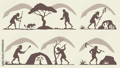 Prehistoric Human Evolution Stages Silhouettes depicting Stone Age Hunter Gatherers to Early Farmers developing Tools Shelter and Agriculture Flat Design Vector Set