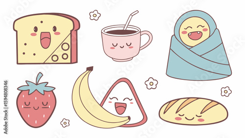 Cute kawaii hand-drawn vector illustration with happy pastel food characters bread, cheese, strawberry, banana, onigiri, coffee, and an adorable smiling baby.