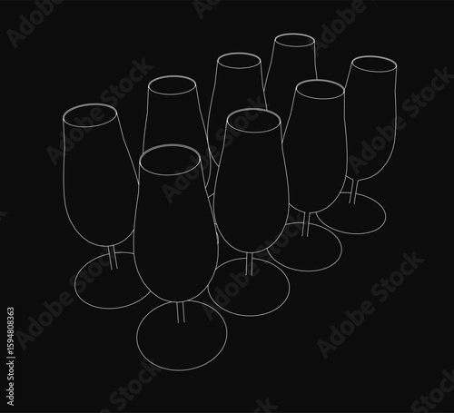 Wine glasses arranged in a diagonal line with slight overlap, showcasing clean contours against a dark background. The black surface enhances the elegant silhouette of each glass.