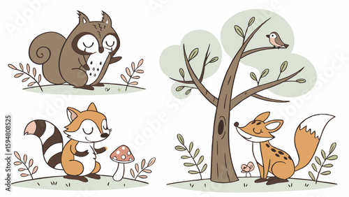 Charming hand drawn woodland animals illustration with a cute squirrel, sweet fox, raccoon, and bird, plus a tree and mushroom in a whimsical forest scene.