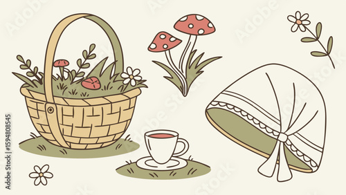 Whimsical pastel cottagecore illustration with a picnic basket of flowers and mushrooms, a teacup, a bonnet, and forest elements, perfect for cozy nature themes.