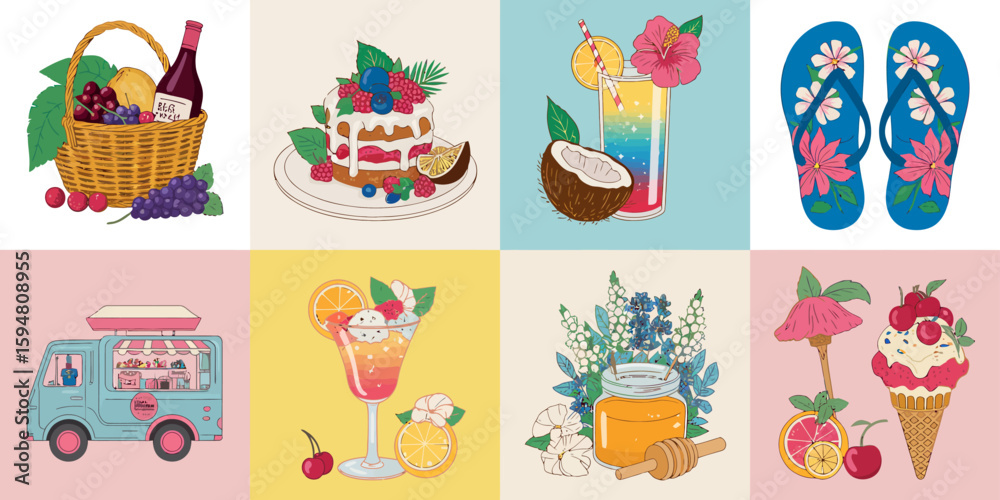 Fototapeta premium Vibrant Summer Delights: A delightful assortment of sunny day items illustrated in vivid colors and textures, celebrating the joys of summer and leisure.