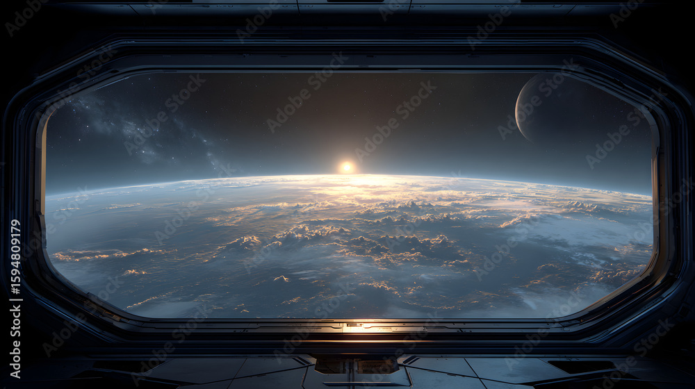Fototapeta premium View of earth and moon from a spaceship window with sunrise over the planet and starry sky visible