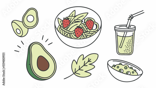Simple line art healthy vegan food illustration set. Avocados, pasta with greens and strawberries, green smoothie, leaf, and guacamole bowl. Plant based nutrition.