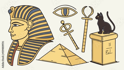 Vibrant Ancient Egypt vector illustration set. Pharaoh Tutankhamun mask, Eye of Horus, Ankh, Was scepter, Bastet cat, and pyramid. Egyptian culture symbols.