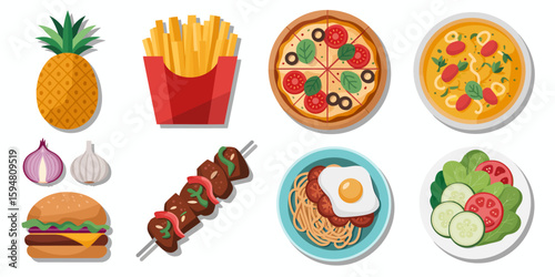 Culinary Feast: An array of appetizing dishes awaits, featuring a delectable pizza, crispy french fries, juicy burger, and more, offering a diverse culinary experience. 