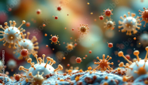 Microscopic view of viruses showcasing their intricate structures and dynamic movement in a colorful environment.