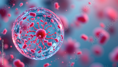 Stylized depiction of a virus in a vibrant environment, showcasing intricate details and vivid colors.