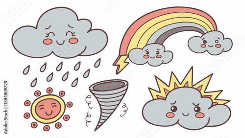 Adorable hand-drawn cartoon weather elements vector illustration set with a happy sun, rainy cloud, rainbow, storm cloud with lightning, and a swirling tornado.