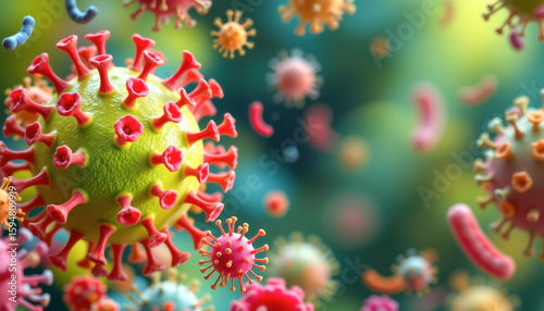 Vibrant visualization of viruses and bacteria, showcasing their intricate structures in a microscopic world.
