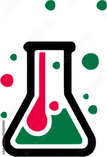 colored science icon of erlenmeyer flask with green liquid, thermometer, and floating bubbles