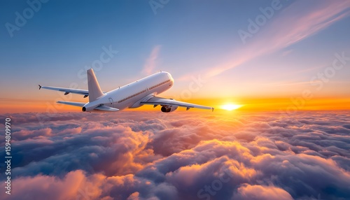 Airplane flying in beautiful sky with sunrise