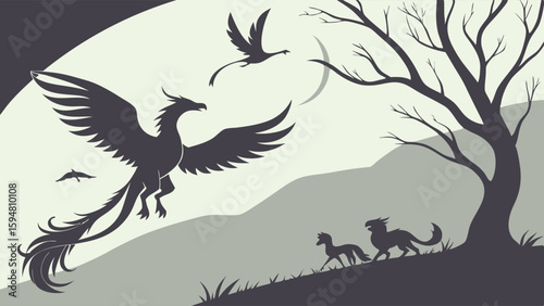 Mythical phoenix soaring with birds over a minimalist monochrome silhouette landscape featuring a bare tree and two dogs on hills vector illustration
