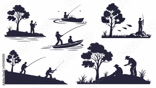 Collection of fishing silhouettes featuring various anglers on boats and shorelines with trees. Black and white vector graphic illustrations of outdoor fishing activities.