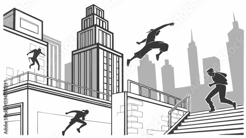 Dynamic black and white parkour illustration showing traceurs jumping, running, and climbing across urban city rooftops and stairs in an action packed free running scene.