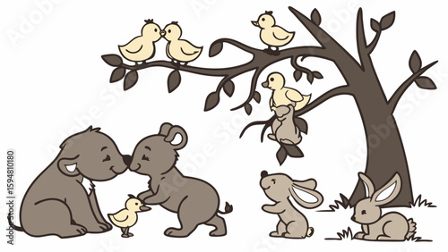 Cute cartoon illustration of baby animals, featuring kissing puppies, playful bunnies, and ducklings on a tree, celebrating friendship and spring.