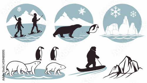 Arctic and Antarctic winter adventure silhouettes. Polar bears, penguins, snowshoeing, paddleboarding, icebergs, and snowy mountains in a minimalist vector style.