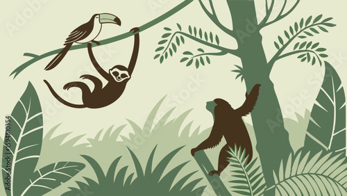 Lush tropical rainforest illustration featuring a toucan, a hanging monkey, and a climbing monkey amidst vibrant green foliage. Flat vector wildlife art.