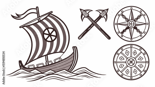 Monochrome Viking longship, crossed axes, and Norse mythology shields vector illustration set. Ancient symbols of navigation, power, and warfare.