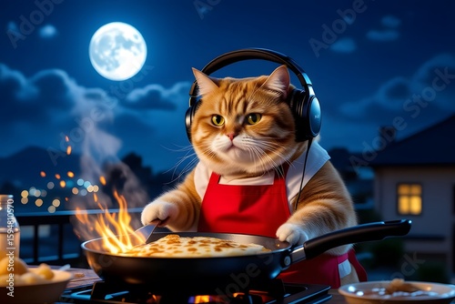 Whimsical Cat Chef Cooking Under a Full Moon