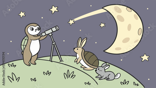 Cute cartoon animals stargazing with a telescope for night sky astronomy on a grassy hill, featuring a sloth, turtle, and rabbits under a crescent moon and