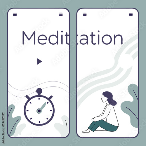 Meditation app interface showing a timer and a person meditating for relaxation and mindfulness practice