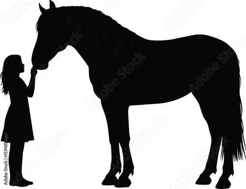 Girl and horse silhouette, child with animal, love and bond, peaceful moment, pet care vector art, animal relationship graphic