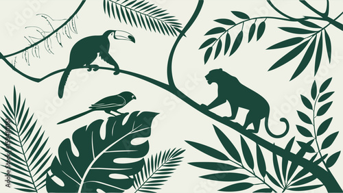 Minimalist green jungle wildlife vector art featuring a toucan, panther, and tropical leaves. Rainforest animal silhouette illustration on a light background.