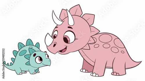 Cute cartoon pink Triceratops mother and adorable teal spiked baby dinosaur smiling happily. Friendly animated prehistoric animal family illustration.