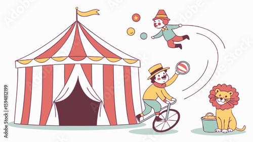 Vibrant cartoon circus illustration featuring a classic red and white striped big top tent, a playful clown juggling, a second clown on a bicycle, and a cute lion.