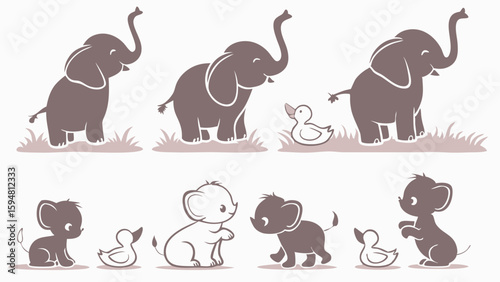Adorable cartoon baby elephants and ducks illustration set. Monochromatic animal characters for nursery art, kids designs, and sweet friendly animal themes.