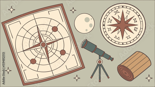 Vintage flat design illustration of navigation and astronomy tools including a map with a compass rose, telescope, moon, and scroll for exploration.