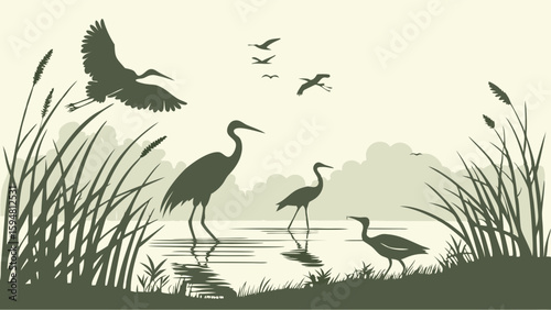 Classic silhouette art of herons and wetland birds in a peaceful marsh landscape with tall reeds, water reflections, and distant mountains.
