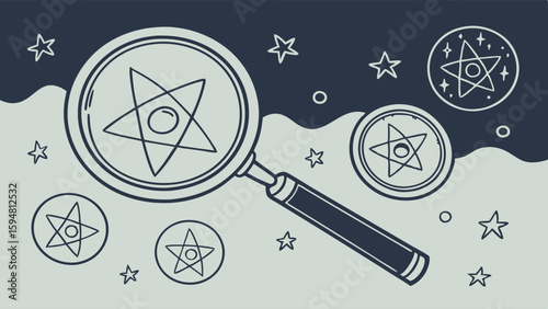 Hand-drawn scientific research concept with magnifying glass examining quantum atom stars on a two-tone background illustrating discovery and exploration