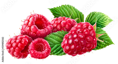 Raspberry with leaf isolated on white background 3d png transparent clipart.