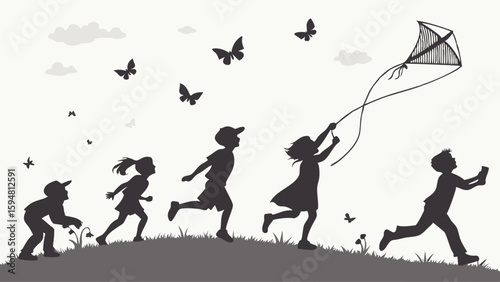 Joyful black and white silhouette of children running and flying a kite on a grassy hill, with butterflies, depicting happy outdoor childhood play and freedom.