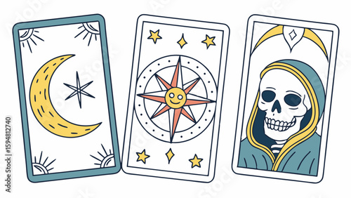Three simple cartoon tarot cards with celestial moon, sun, compass rose, and grim reaper skeleton designs, perfect for mystic fortune telling and spiritual divination.