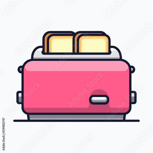 Bright pink toaster with metallic gray base, side knobs, and oval control lever, featuring two yellow bread slices with brown crusts popping up on plain white background.