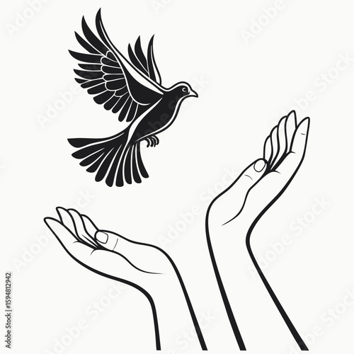 Hands Releasing a Bird – Symbol of Freedom and Peace Vector Illustration