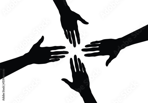 Silhouette of four hands reaching together, teamwork, unity, collaboration, diversity, connection, helping hands, community support, solidarity, cooperation, inclusion, friendship