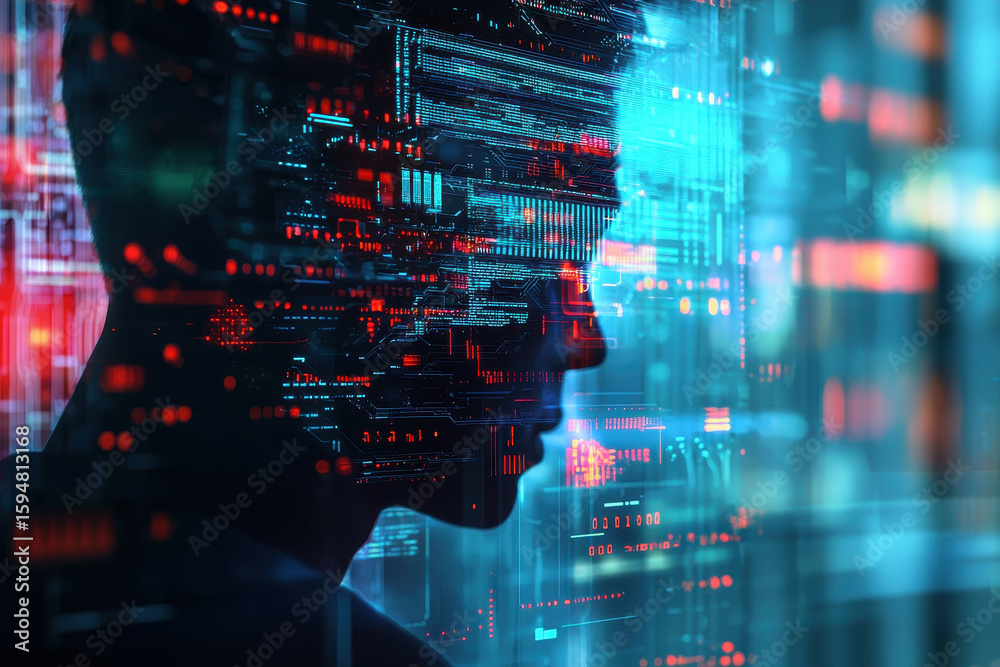 Fototapeta premium Digital silhouette of person surrounded by vibrant data streams and futuristic technology, representing AI powered future